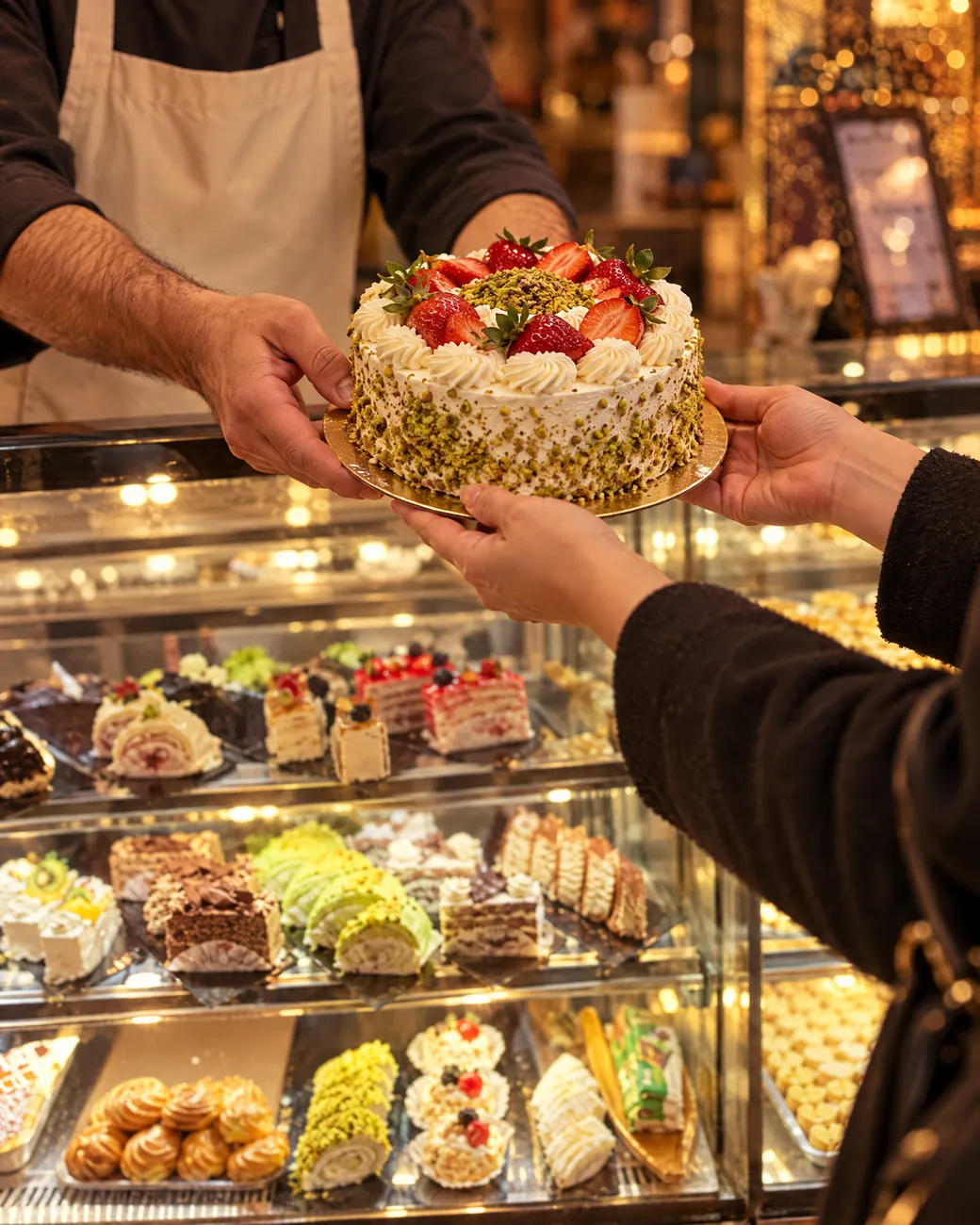 A pistachio and strawberry cake being handed across a glass counter full of pastries