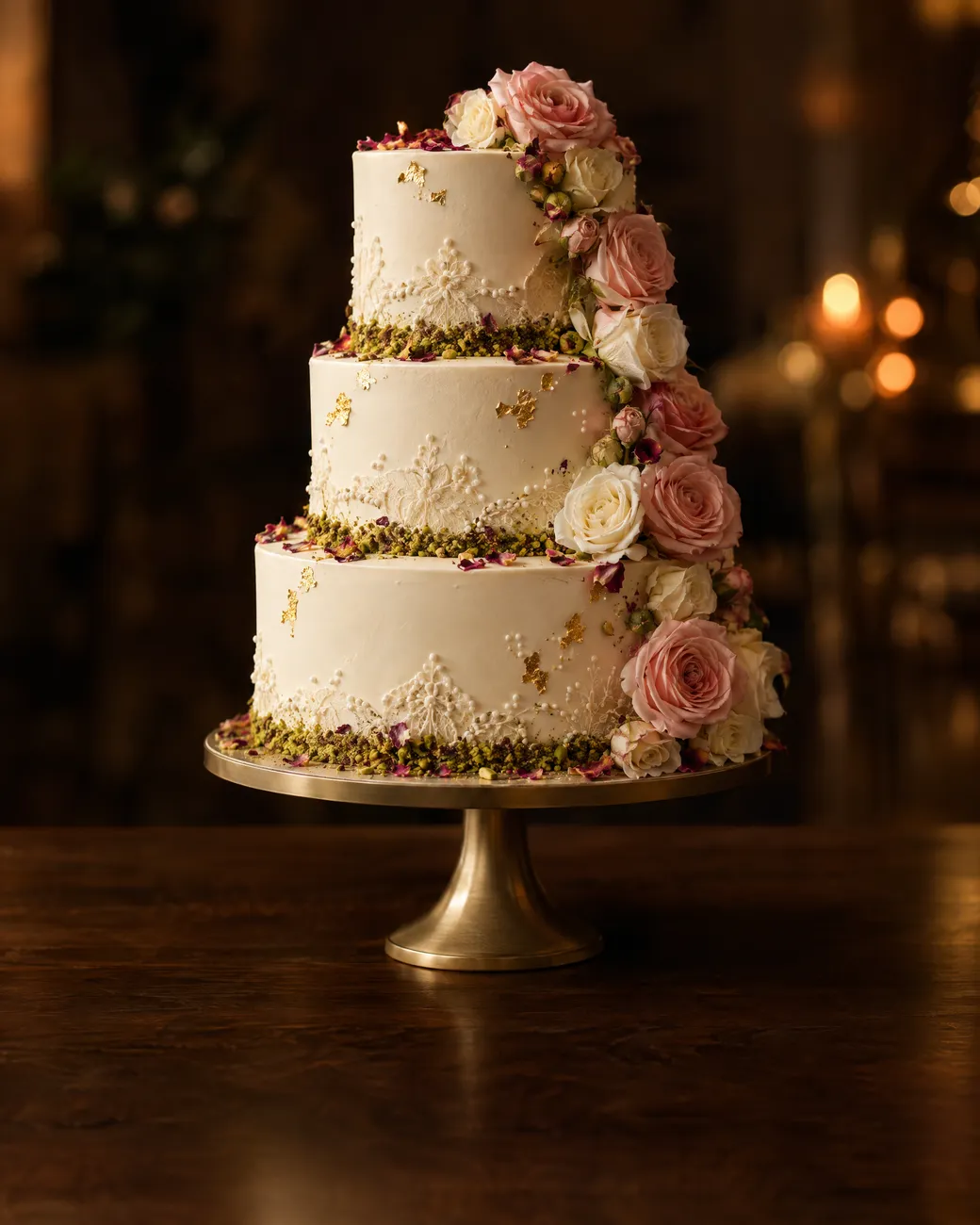 Three-tier ivory wedding cake with lace piping, pistachio, rose petals and pink and white roses