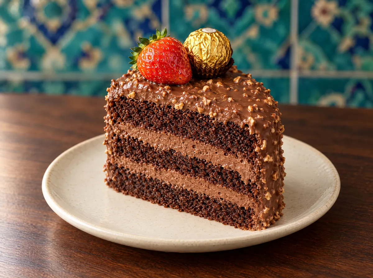 Slice of chocolate cake with a crunchy chocolate coating, strawberry and gold-wrapped chocolate