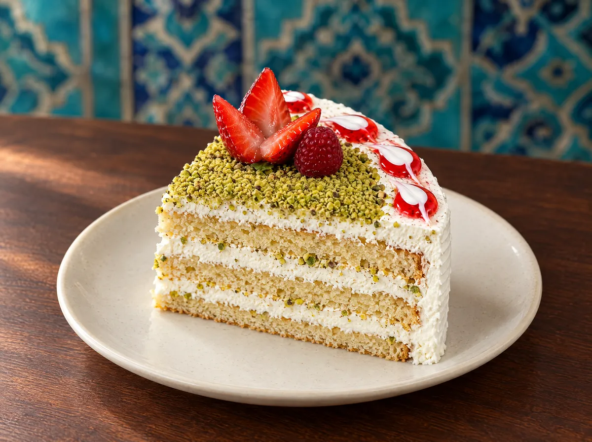 Slice of pistachio cake with crushed pistachio, cream and berries on a cream plate