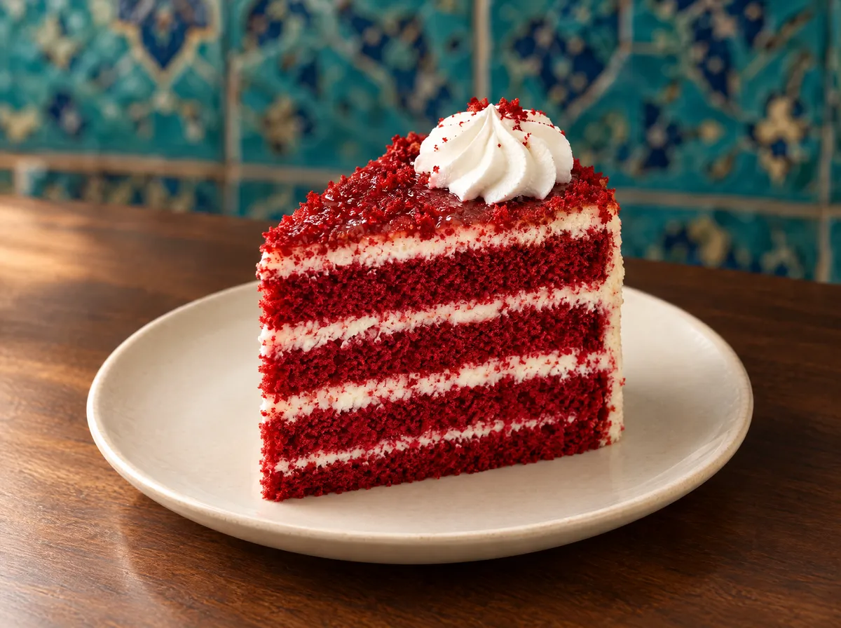 Slice of red velvet cake with cream cheese frosting between the layers